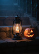 © lisa - Spooky Halloween Night: A carved pumpkin with a flickering candle sits beside an old-fashioned lantern on a stone staircase, casting an eerie glow under the cover of night.