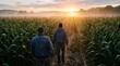 © Ling - Two farmers walking through a lush green cornfield at sunrise, rural agriculture landscape, morning mist over crops, back view of men inspecting harvest, farming lifestyle and