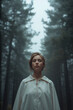 © Bernd Schmidt - Woman in bridal cape standing before foggy pine forest looking away with calm contemplative elegant mood generative AI