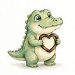 © YuumaSunamikaGoma - Watercolor Illustration of Cute Crocodile Holding Heart Frame