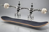 Skateboard exploded view with wheels trucks and mounting hardware