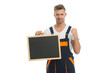 © be free - Professional success. Man worker hold blackboard with copy space. Engineer advertisement. Labor day. Engineer supervisor man advertising isolated on white. Man worker offer advertisement. Labor offer