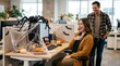 © Iuliia - Coworkers react to giant fake spider at Halloween decorated office desk. Office Halloween prank and seasonal workplace celebration. Team bonding, humor and employee engagement.