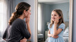 © ChaoticDesignStudio - Child looking at adult reflection in bedroom mirror. Young girl smiling at her future self during morning routine in domestic setting.