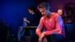© Flash memory - Man rests on a sofa with his eyes closed while a companion holds a blanket behind him. Glowing nerves and bright points trace his shoulders and arms, conveying widespread pain in the dim living room.