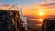 © Adobe 2.0 - A team of three white figures working together to climb a steep cliffside at sunset showing cooperation and mutual support to reach the top of the mountain.