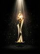 © abelllouz - A shiny golden award trophy standing on a pedestal under a dramatic spotlight.