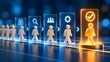 © HP - Figures Walking Through Digital Screening Portals To Become Approved Golden Candidate Representing HR Onboarding Pipeline
