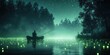 © Кирилл Макаров - Person sits fishing on riverbank at night surrounded by glowing fireflies, stars and reflections illuminating the water. Generative by AI.