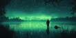 © Anastasia - Person sits fishing on riverbank at night surrounded by glowing fireflies, stars and reflections illuminating the water. Generative by AI.