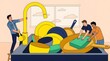 © AndhikaRff - Diverse men washing oversized dishes together in giant kitchen sink illustration