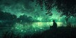 © Anastasia - Person sits fishing on riverbank at night surrounded by glowing fireflies, stars and reflections illuminating the water. Generative by AI.