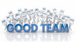 © Pipasha - Collaborative good team concept, 3D white figures holding signs with business traits, professional corporate teamwork and success illustration