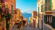 © UMAR - Charming narrow street with colorful Italian buildings, vibrant pink bougainvillea flowers, and breathtaking ocean view