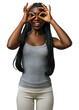 © Krakenimages.com - Young african american woman in casual clothes looking through ok fingers, eyes wide, playful gesture, crazy expression, finger forming binoculars, doing a silly look, sticking tongue out, studio