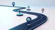 © CuteBee - Abstract 3D rendered road pathway with digital location map pins representing navigation journey progress and logistics planning concept for business growth strategy on plain white background