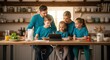 © Hryhor Denys - Family cooking together in kitchen looking at tablet. Domestic scene with natural light.