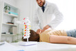© Pixel-Shot - Chiropractic care and spinal health, doctor performing physical therapy on patient back with anatomical spine model in medical clinic office