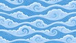 © CYBERPINK - Seamless pattern of blue waves and clouds. the waves are arranged in a repeating pattern, with each wave having a different size and shape.