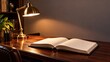 © Luxaa - Open Book Lit by Brass Desk Lamp on Dark Wooden Table in Moody Study.