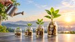 © Sabri - Hand pouring water on plants growing in glass jars filled with coins representing financial investment strategy and sustainable wealth building