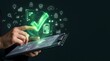 © MB - Green checkmark digital quality assurance concept, businessman hand interacting with tablet and security icons, verification and compliance technology