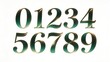 © Pipi Liu - Elegant 3D numerals set 0-9, luxury dark green digits with thin golden outline, decorative calligraphy typography on white background