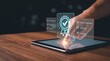 © brown fish - Hand touching digital tablet screen with quality assurance certificate badge and passed inspection checkmarks concept.