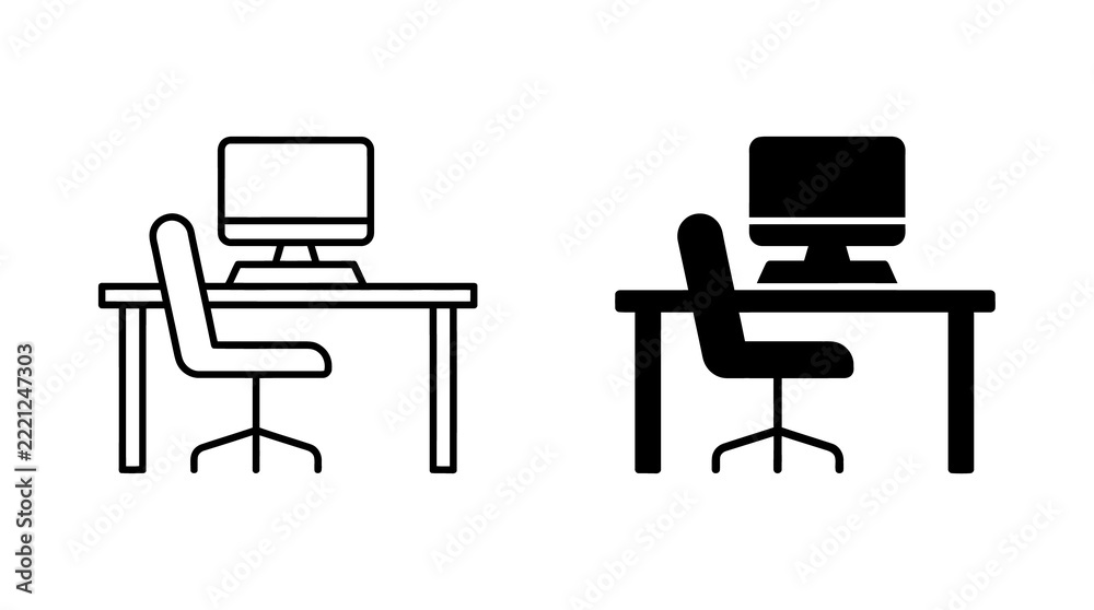 Modern office workspace icons with computer desk and chair for business ...