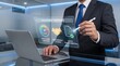 © Ai Masters - Businessman interacting with digital holographic dashboard interface in office hologram technology business interface corporate innovation