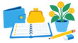 © Philipp - Colorful flat vector illustration of blue wallet, yellow coin purse, open expense notebook with sharpened pencil, eraser and potted money plant with dollar coins for budgeting and savings