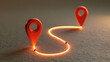 © stock by siam - Two 3D red location pins connected by a glowing orange light path on a textured surface. Concept for navigation, logistics, and supply chain tracking.