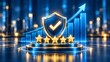 © Concept - Glowing security shield with checkmark and five golden stars on podium with rising financial chart for trust and quality assurance concept