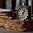 © Momin Photo Gallery - Elegant photo of A vintage metal clock sits atop a stack of old paper documents. This symbolizes time management and deadlines for business productivity concepts.