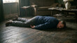 © Surti - Man lying unconscious on wooden floor crime scene suspense drama mystery domestic setting