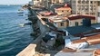 © Breezze - Aerial view of a densely populated coastal slum with weathered corrugated metal roofs and a concrete seawall, for social issue reports