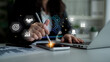 © InfiniteFlow - A business professional interacts with a touchscreen device in a modern office, featuring time management icons for enhancing productivity and strategic planning. Cyphers