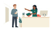 © Eni - Female manager angrily confronting nervous male employee holding documents at office desk. EPS Editable. Vector Illustrations.