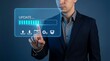 © MdNazim - A man in a suit points at a glowing update progress bar interface floating in a dark room pointing