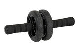 Black ab roller with two wheels and textured handles is positioned horizontally on a clean white background