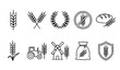 © MstBabliAkter - Thin line wheat ear icons collection in black outline with laurel wreath bread tractor and gluten free sign for farm and bakery logo design