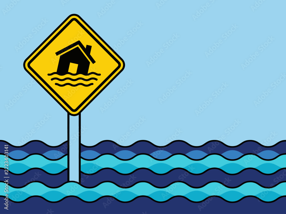 Flood warning road sign standing in rising floodwater, natural disaster ...
