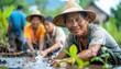 © meka - Smiling Asian rice farmer in traditional straw hat planting seedlings in a flooded field with community, rural agricultural lifestyle with copy space for text