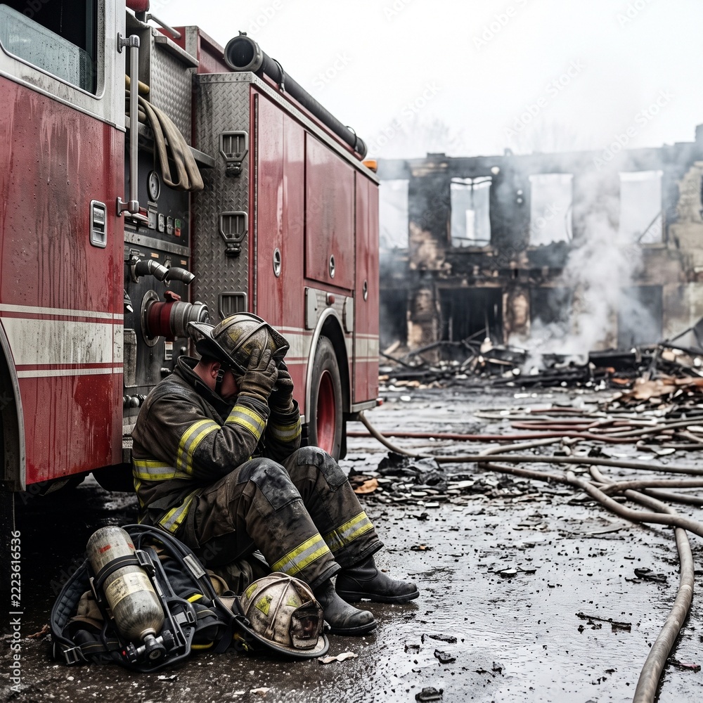 Studio Fire Backgrounds Exhausted Firefighter Resting Beside Fire Truck After Emergency ...
