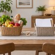 © JS - Sibling caregiving coordination concept shows Woven baskets with fresh produce and documents decoratively placed on a wooden dining table.