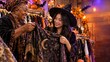 © xuxu - Two women are looking at a homemade wizard costume in a Halloween store. Shoppers are selecting seasonal clothing and decorations. Halloween retail and costume selection.