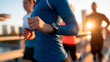 © Laura - Faceless runners training for a marathon on a city bridge, race practice, stamina training and sport wellness, with copy space