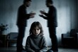 © miss irine - Sad lonely child sits on floor indoors. Blurred parents argue in background during domestic conflict. Young kid feels stress, anxiety from family tension. Emotional scene shows childhood trauma,