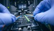 © Deshpix - Technician in gloves splicing color-coded optical fibers using fusion splicer machine with digital alignment screen