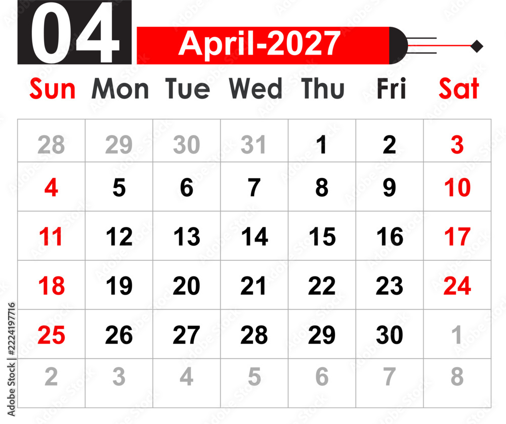 Vector de Stock April Calendar planner of 2027, Monthly calendar of ...